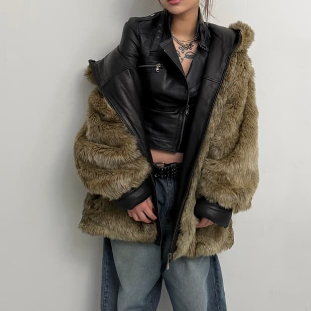 리버시블 브라운 퍼 레더 후드집업