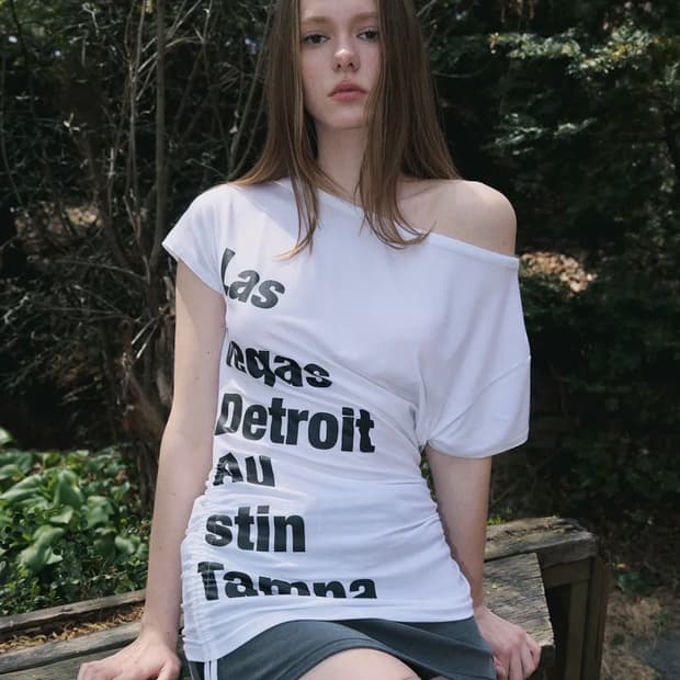 플리즈노팔로우 Sara Lettering Shirring Top (Whi
