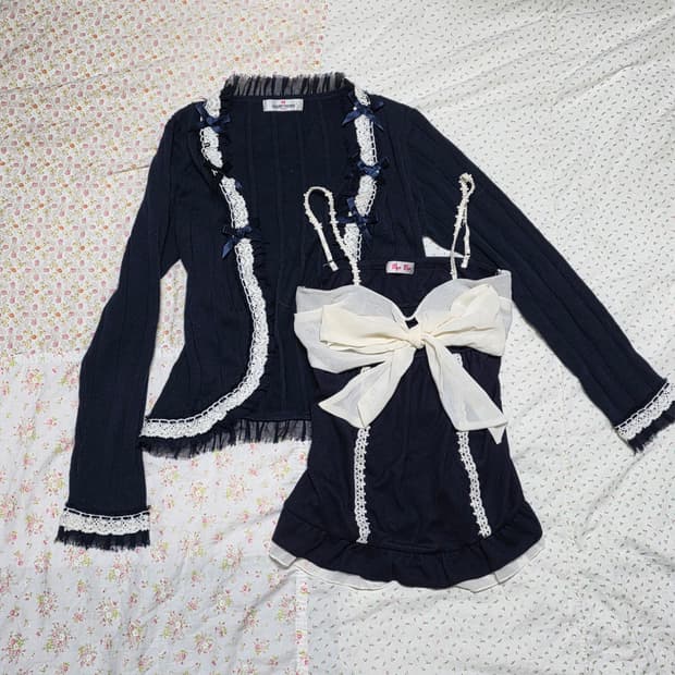 빈티지 로걀 레이스 빅 리본 로걀탑 가디건 세트 히메갸루 리즈리사깔