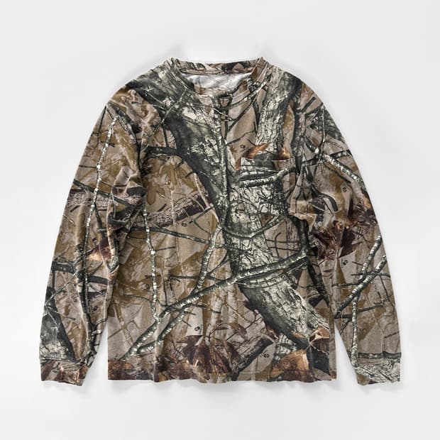 빈티지 리얼 트리 패턴 롱 슬리브 포켓 티