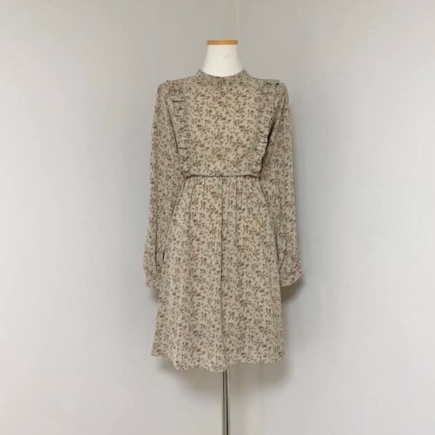 일본 빈티지 잔꽃 꽃무늬 플라워 패턴 프릴 미디 롱 긴팔 쉬폰 원피스