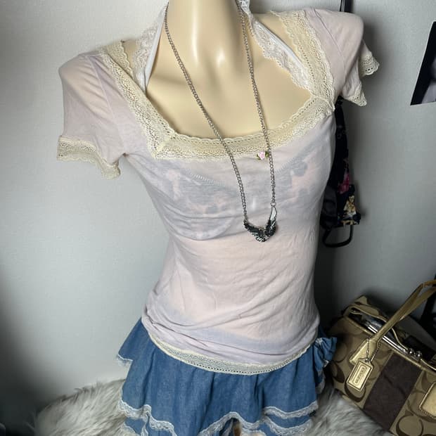 빈티지 로맨틱 연핑크 레이스 반팔티