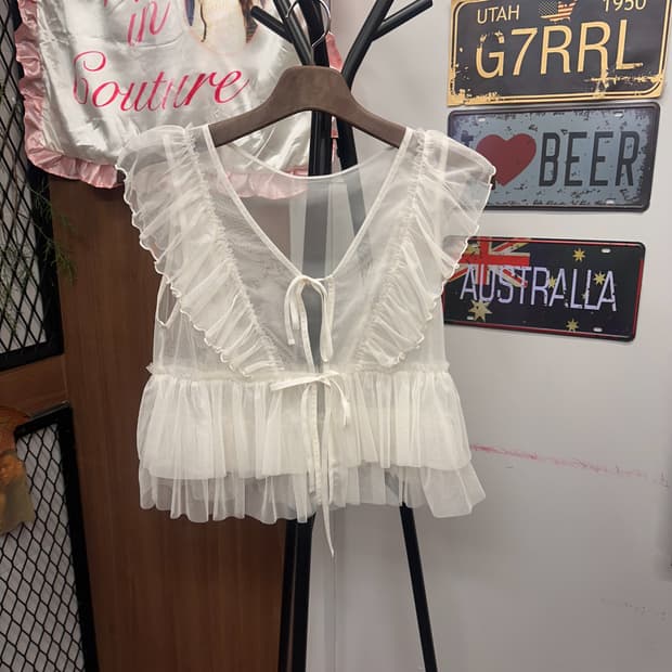 Sheer Frill Ribbon Tie Top