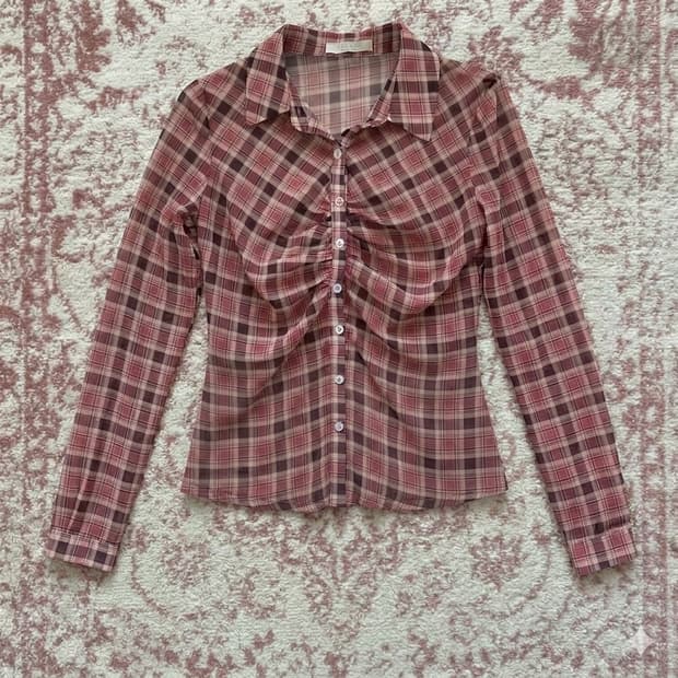 빈티지 딸기 우유 핑크 체크 셔링 크롭 셔츠 979 y2k 스트릿 갸루 