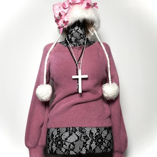 JPN 레이스 체인 자주색 핑크 퍼 니트