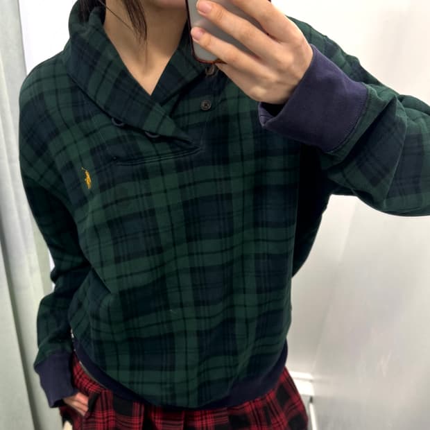 폴로 그린 타탄체크 숄카라 플리스 맨투맨