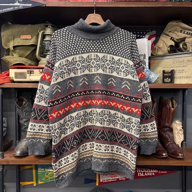 90s 빈티지 에스닉 노르딕 퓨어울 하이넥 롱라인 스웨터 N154