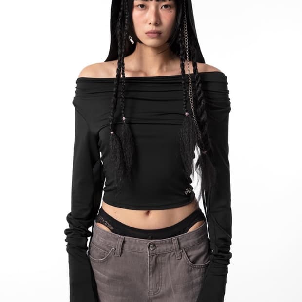 hoodie ribbon drape top black