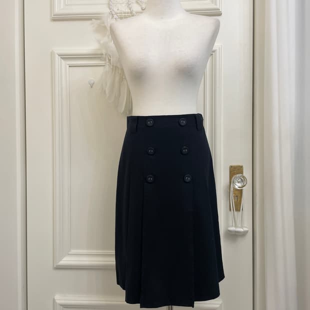 dark navy button point pleats midi skirt