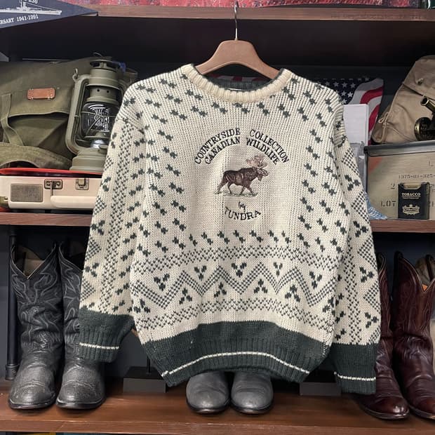 90s 캐나다 툰드라 헤비 울 순록 패턴 크롭 니트 스웨터 N206