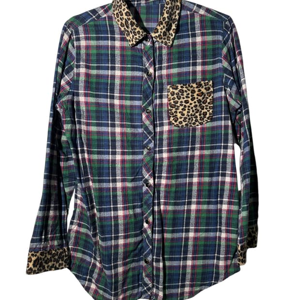 빈티지 레오파드 디테일 얇은 체크 셔츠