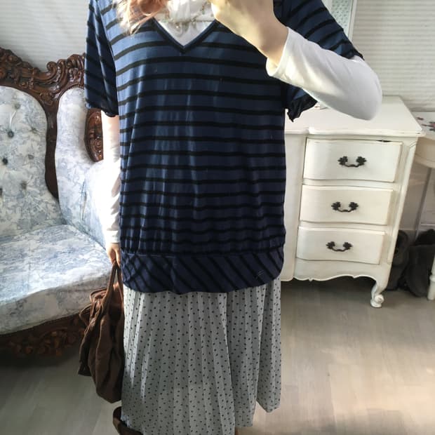 일본빈티지 스트라이프 반팔 블라우스