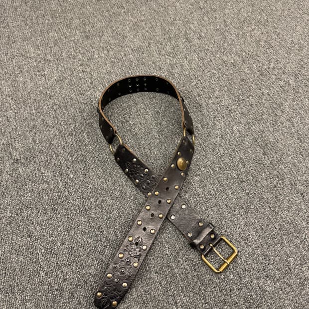 Vintage 패턴 스터드 웨스턴 O링 블랙 가죽벨트