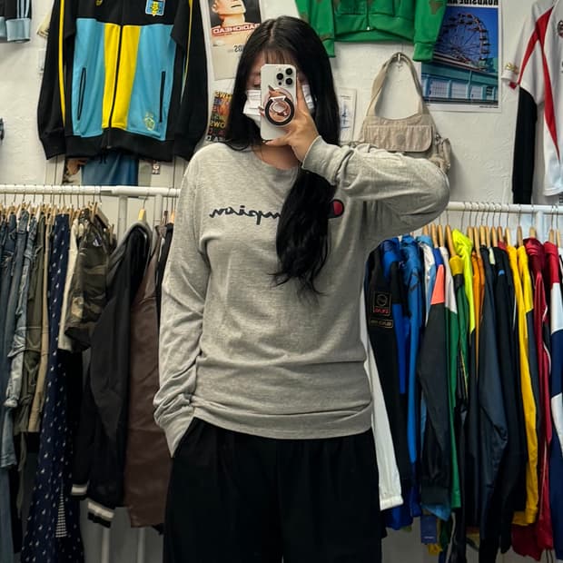 챔피온 프린팅 로고 그레이 롱슬리브 M