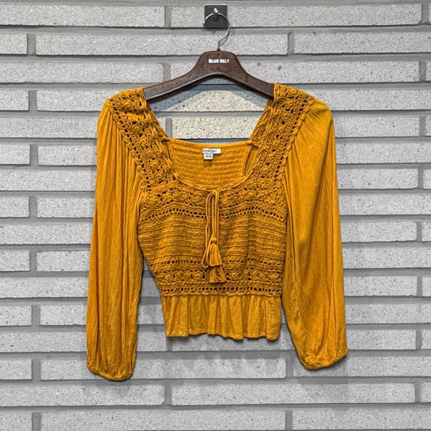  JPN VINTAGE 블라우스 레이스 셔링 디테일 옐로우