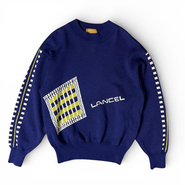 란셀 블루 퍼플 옐로우 자카드 로고 포인트 니트 M