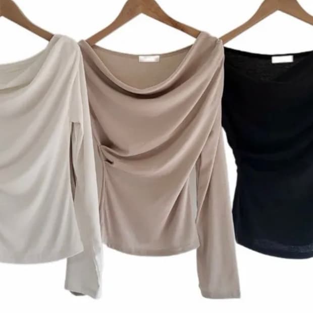 언발 드레이프 셔링 긴팔티 베이지