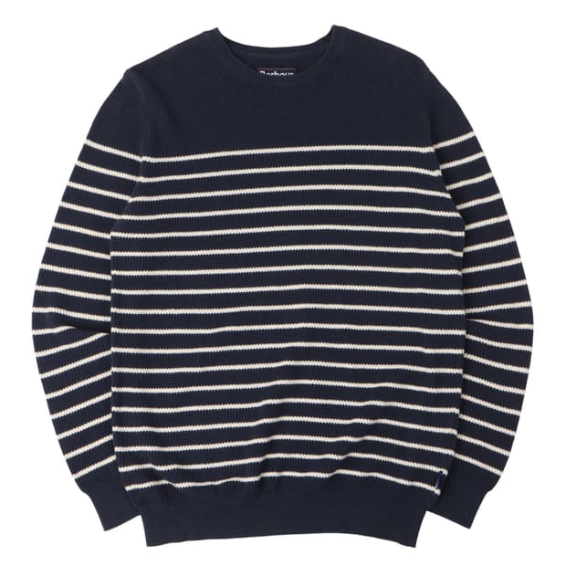 바버 네이비 코튼 린넨 스트라이프 와플 니트