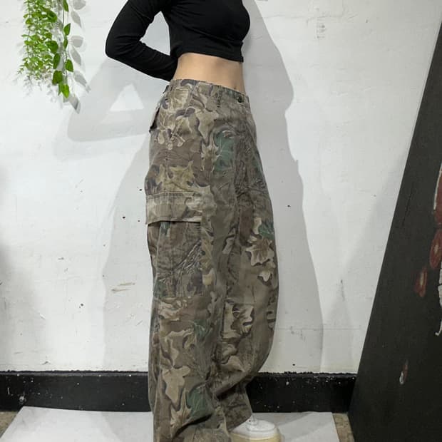 90s 빈티지 베이지 리얼트리 와이드 프린팅 카고 팬츠 헌팅 바지 