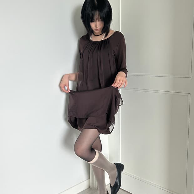 Sheer Layered Brown Dress / 빈티지 미니 원피스