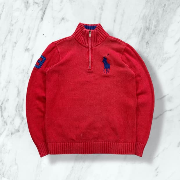 폴로 랄프로렌 빅포니 레드 하프 니트집업 XL