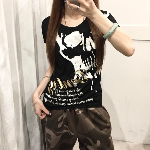 JPN Vintage 고스펑크 고딕 스컬 백 시스루 반팔