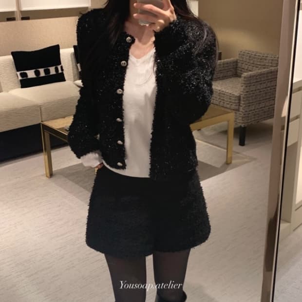 오늘만이가격/당일배송) 유솝 몰튼 트위드 가디건 블랙