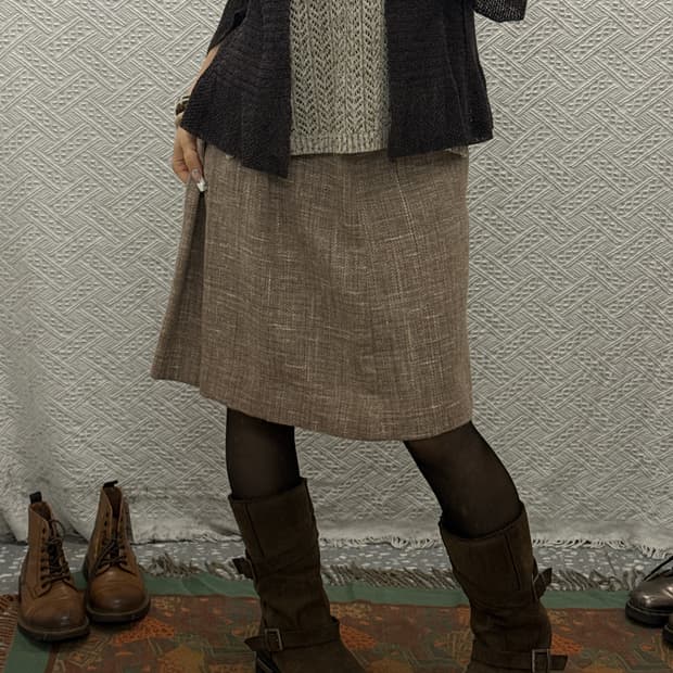 빈티지 캐주얼 코지 헤링본 트위드 플레어 미디스커트  K0133
