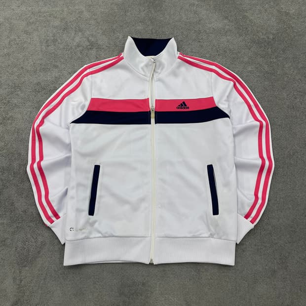 90 아디다스 화이트/핑크 삼선 트랙탑