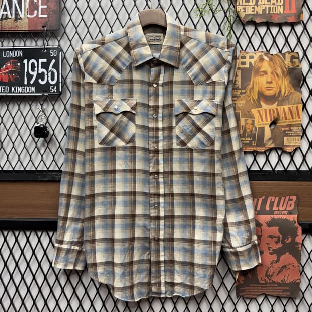 90s 리바이스 체크 패턴 웨스턴 셔츠 전면 투포켓 포인트 배색