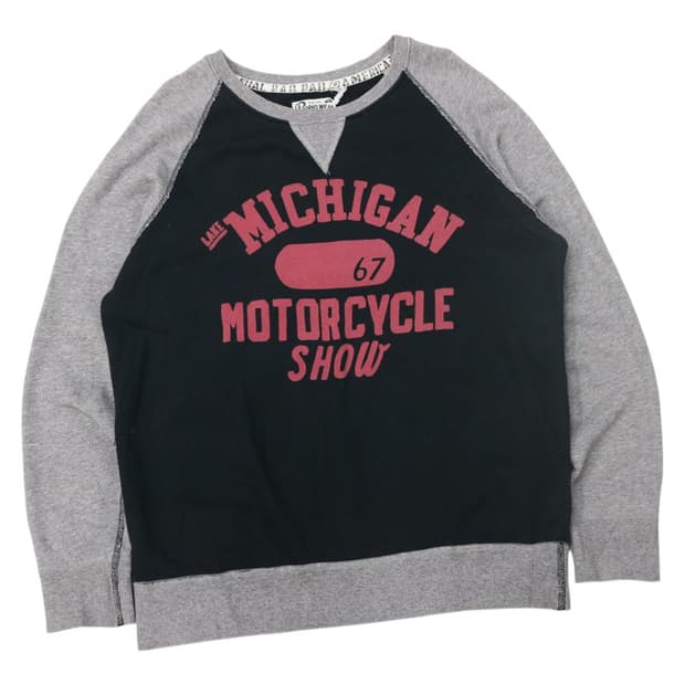 Paopao Wear 빈티지 미시간 모터사이클 배색 래글런 맨투맨 (F)