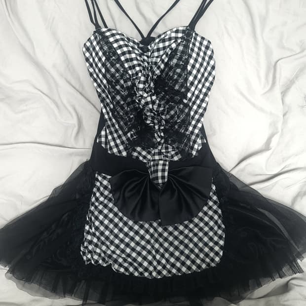 에이프런 나시 체크 원피스