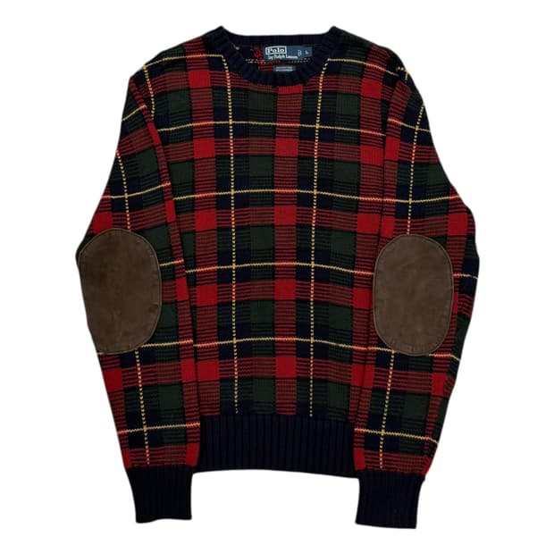 폴로 랄프로렌 엘보패치 타탄체크 코튼 캐시미어 니트 L