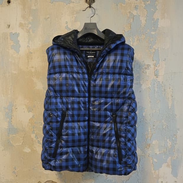 NII Qualified 블루 체크 후드 패딩 조끼 XL