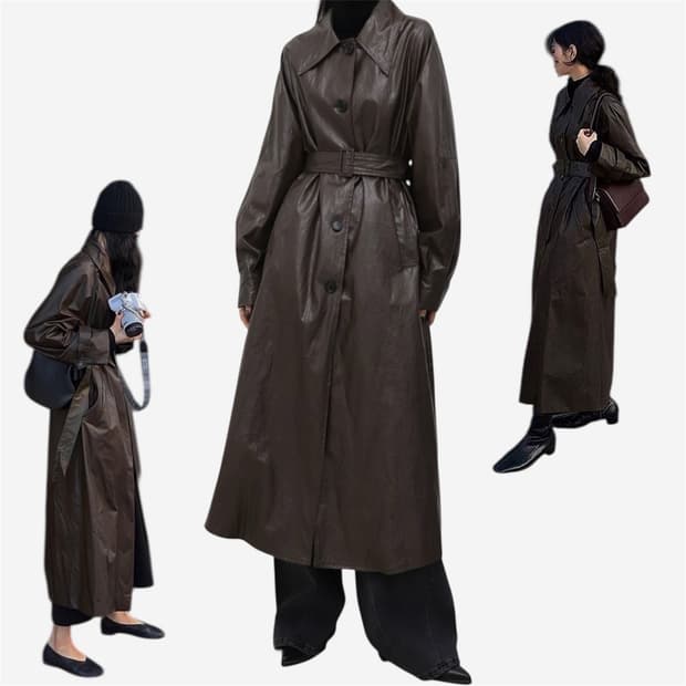 Treemingbird) Leather Long Trench [Brown