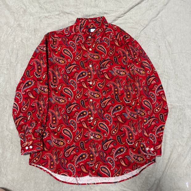 빈티지 레드 페이즐리 패턴 코튼 셔츠 L