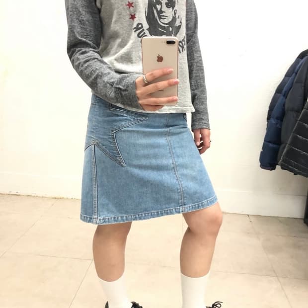 히스테릭 글래머 스타 데님 스커트 미디 스커트