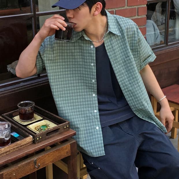 시어서커 반팔 체크 셔츠