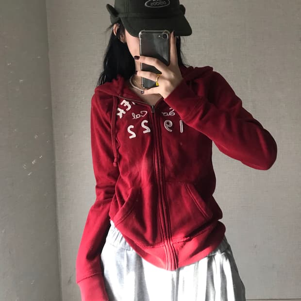 홀리스터 딥레드 슬림핏 후드집업