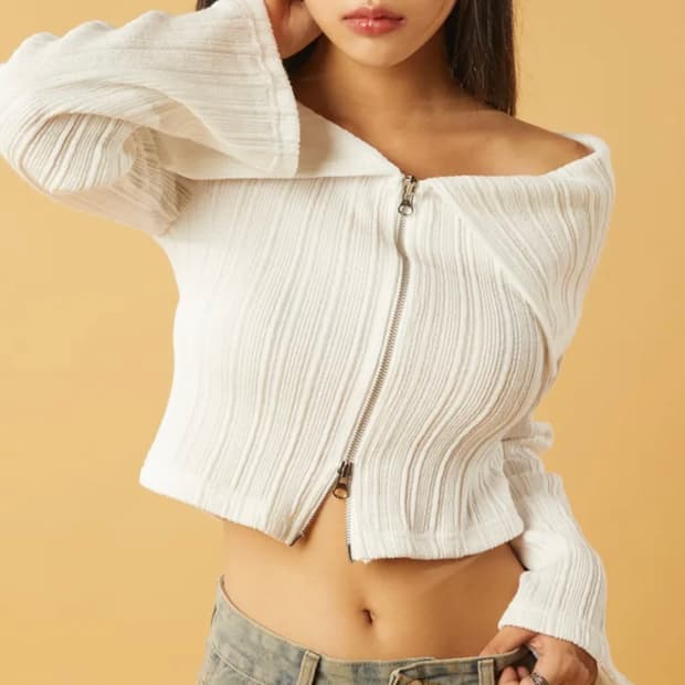 콜릿 크롭 니트 오프숄더 투웨이 집업거디건