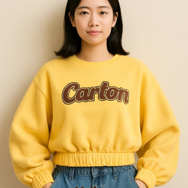 노랑색 귀여운 박시핏 가오리소매 셔링밴드 크롭 기모 맨투맨 44~55