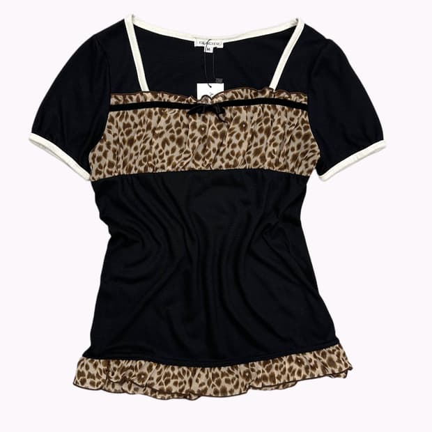 shirring leopard ribbon t-shirt