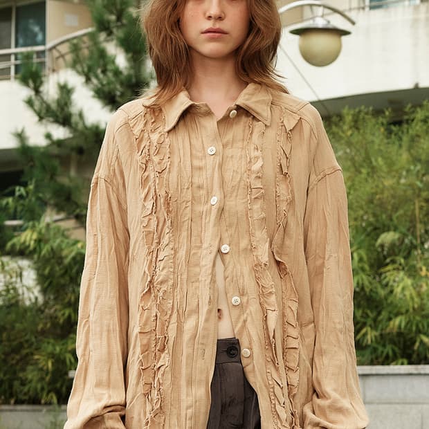Open yy CRINKLED RUFFLE SHIRT, BEIGE