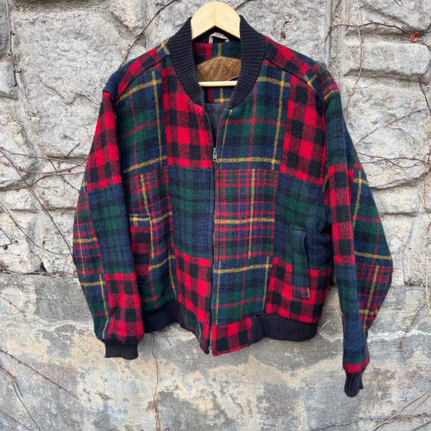 90s 울리치 빈티지 체크패턴 울 블루종 해링턴 자켓