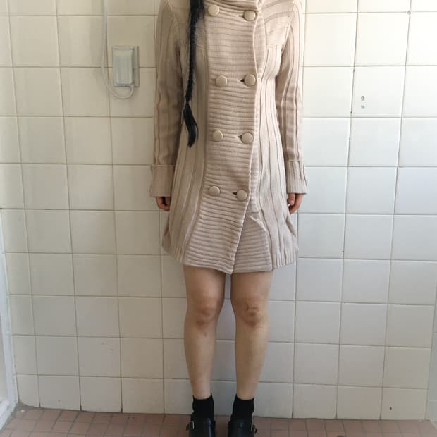 Double button high neck knit cardigan