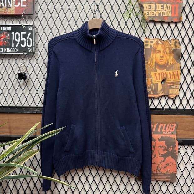 폴로 랄프로렌 케이블 니트 집업 화이트 포니 포인트 네이비