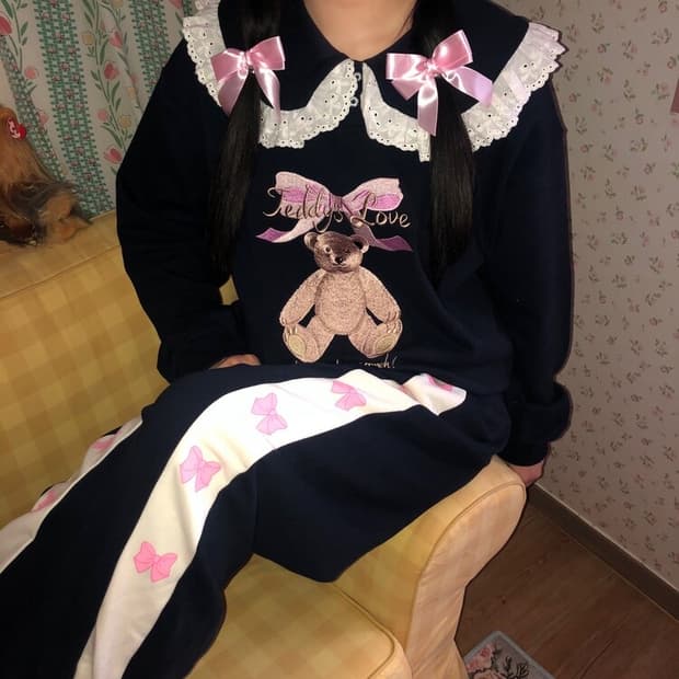 테디스러브Bear embroidery Lace Collar MTM 로리타