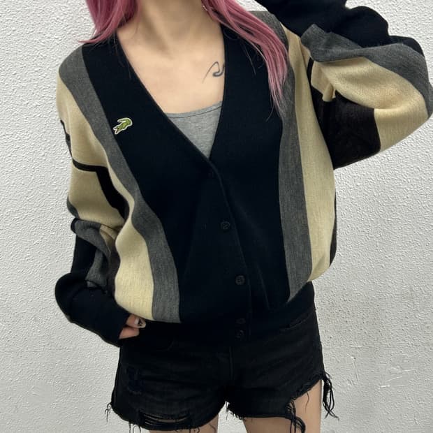 라코스테 베이지 배색 블랙 가디건 95