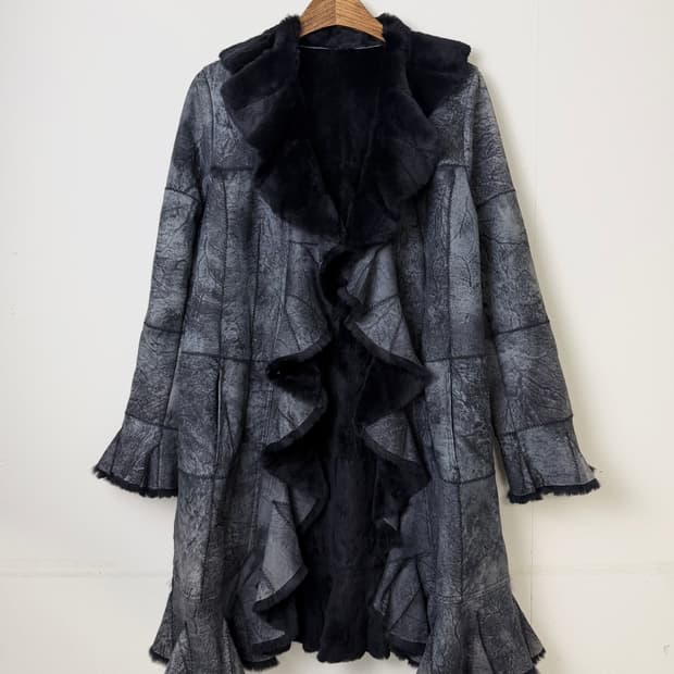 JPN 빈티지 블랙 래빗퍼 패치워크 코트