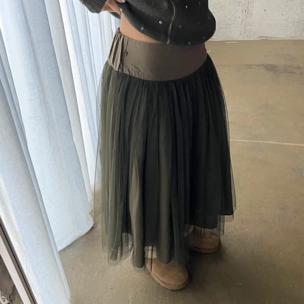 레이어드 튤 스커트 올리브 그린